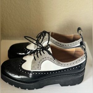 Women's Black and White Wingtip Loafers with Sparkle Panels